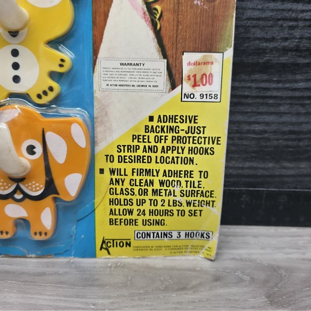 Vintage 1978 Action Maid Animal Self Adhesive Hooks Elephant Tiger Bear Set 3